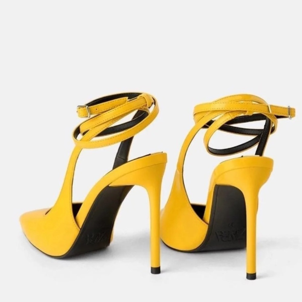 Zara Yellow Patent Ankle strap Wrap Pumps Heels 37